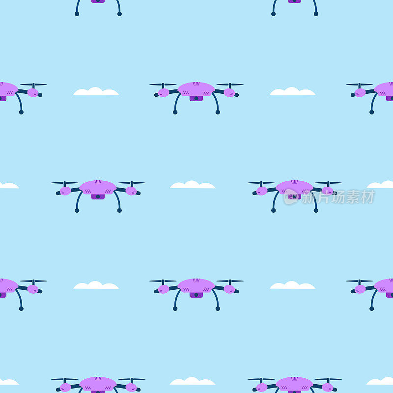 无缝模式。无人机在蓝天白云中飞行。儿童插图。向量