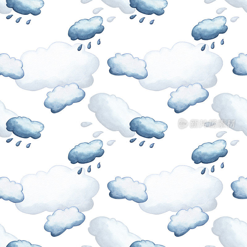 云和雨无缝模式的白色背景。秋季主题水彩插画。秋季季节图案瓷砖。
