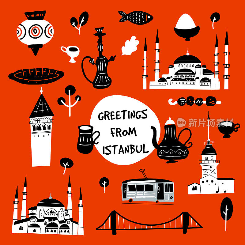 从伊斯坦布尔的问候。有趣的矢量插图伊斯坦布尔的景点和地标。