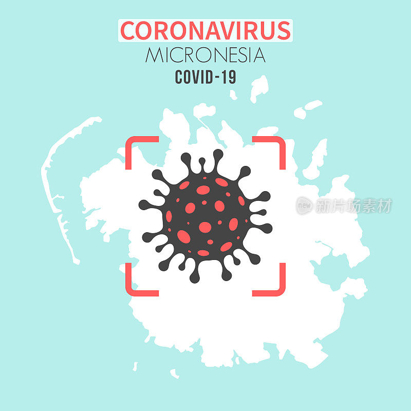 密克罗尼西亚地图，红色取景器中有冠状病毒细胞(COVID-19)