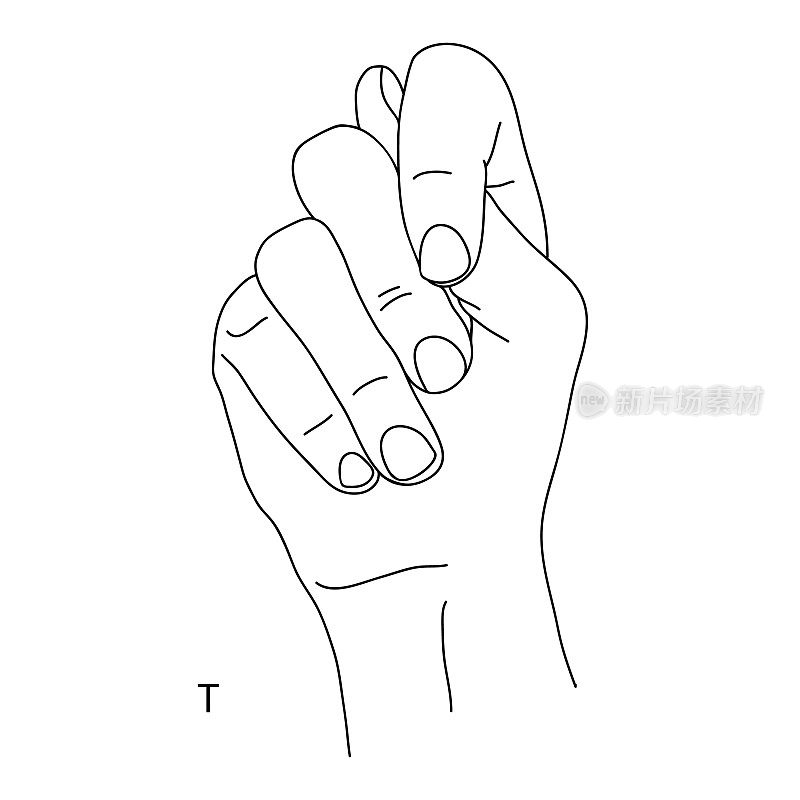 T是手语字母表中的第20个字母。拳头形的手势拇指尖端突出的拳头形的手势一只手的黑白画。聋哑的语言。图希什