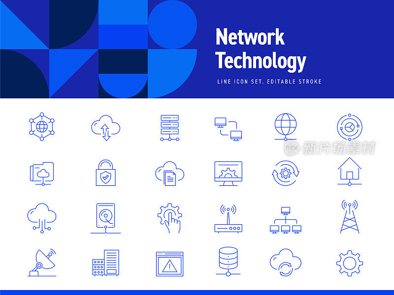 一组网络技术相关的线条图标。可编辑的中风。简单的轮廓的象征。