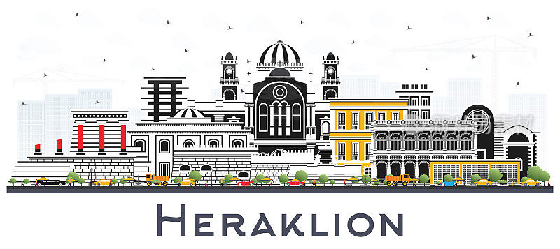 希腊克里特岛城市天际线与彩色建筑隔离在白色。