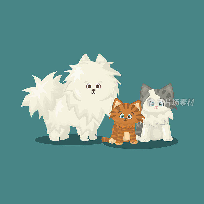 白色毛茸茸可爱的卡通快乐孤立矢量扁狗与两只猫在蓝色或绿色的背景。一只猫是白色和灰色的，另一只是带条纹的红色