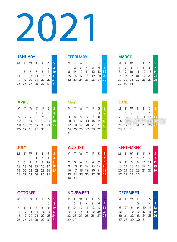 日历2021垂直彩色矢量插图。一周从周一开始