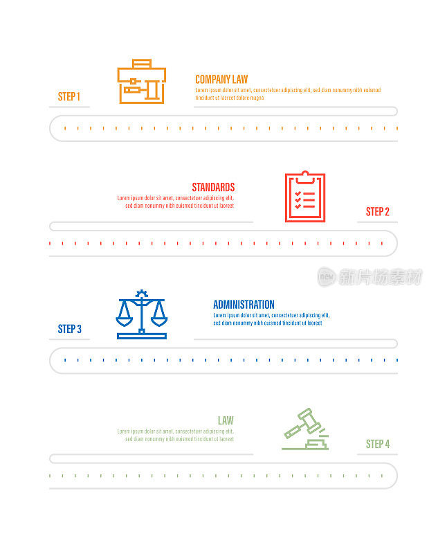 信息图表设计模板。公司法，标准，行政，法律图标与4个选项或步骤。