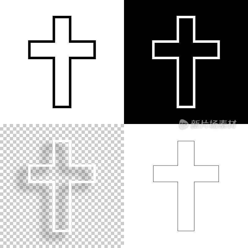 宗教十字架。图标设计。空白，白色和黑色背景-线图标