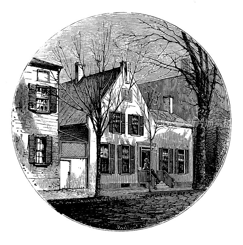 中部州历史城镇的古董插图:斯克内克塔迪，殖民房屋，联合街