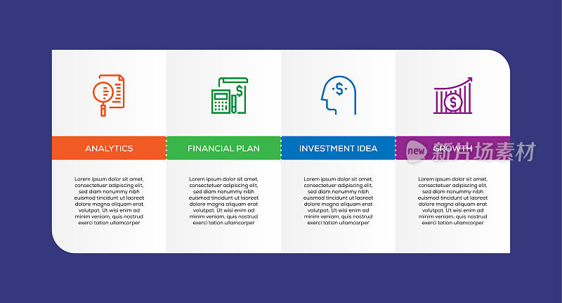 信息图表设计模板。分析，财务计划，投资想法，增长图标与4个选项或步骤。