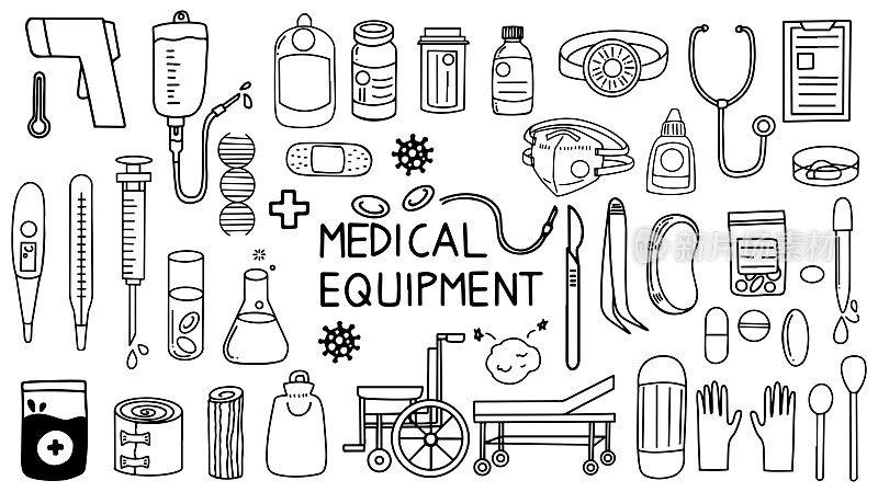 手绘插图矢量涂鸦艺术、医疗设备及用品、病毒、注射器、n95口罩、橡胶手套等。