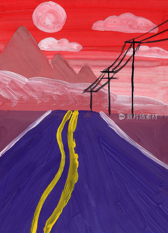 手绘丙烯，油画或水粉画。红日落山。白云。布朗山的轮廓。紫色的道路。黑电波兰人。纹理背景。自然与生态。明信片、海报