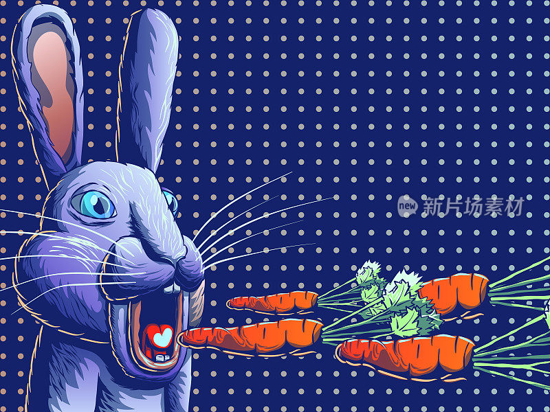 有趣的卡通横幅插图-兔子或兔子吃胡萝卜。
