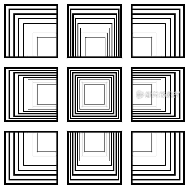 透视趋向中心的一组窗口方块，矢量透视概念隧道过渡到中心
