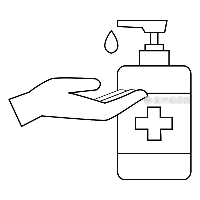 洗手液线性图标符号，白色背景上的细线描边，矢量设计插图