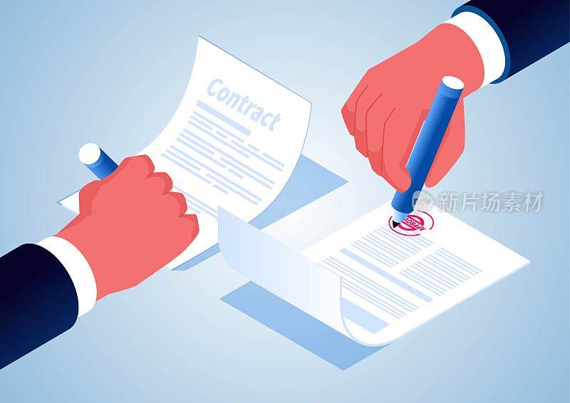 签署协议和合同，等角握笔签署文件。