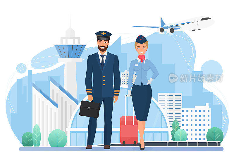 现代机场的飞机机组人员，空姐和飞行员拿着旅行袋站着