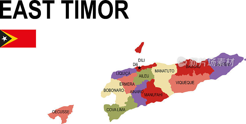 东帝汶彩色平面地图与旗帜