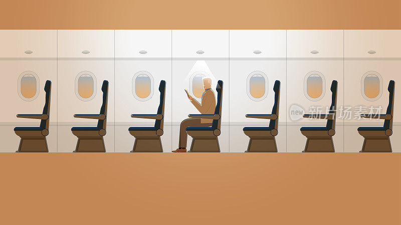一位白发苍苍的老人在晨曦中独自在飞机客舱里看书。矢量旅行生活方式的活动在长途旅行的概念。飞机内部有一个空座位。