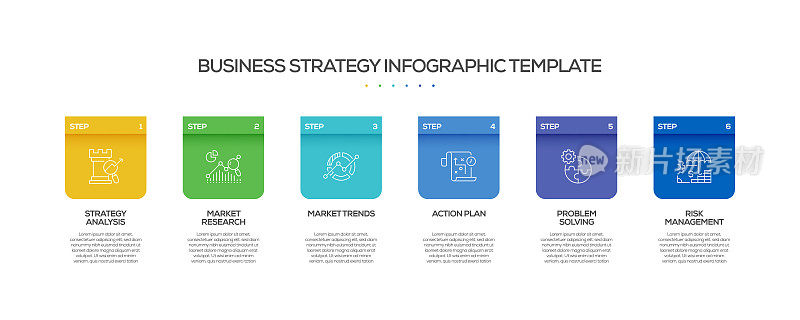 业务战略相关流程信息图表模板。过程时间图。带有线性图标的工作流布局