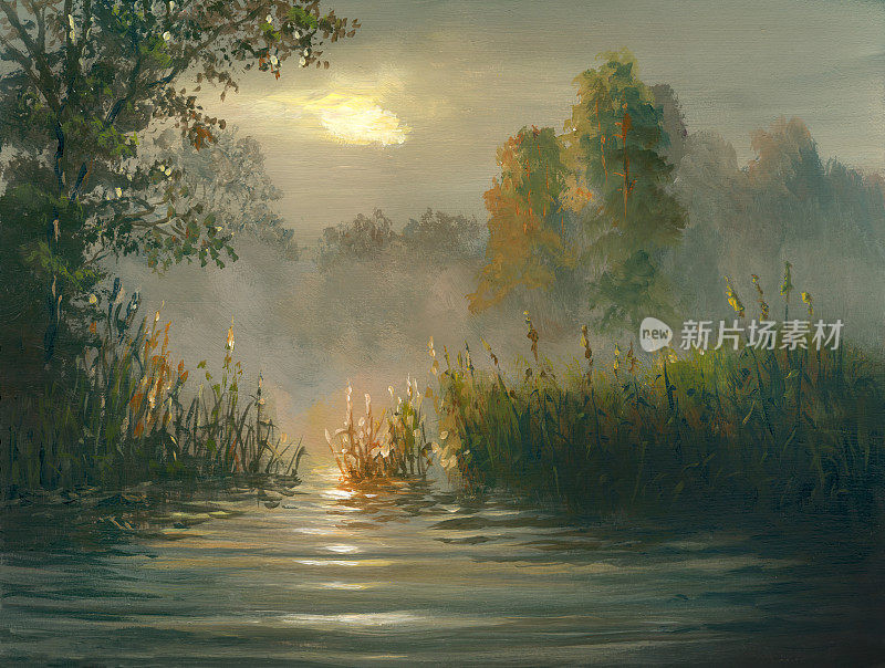 夏日河面日落，油画