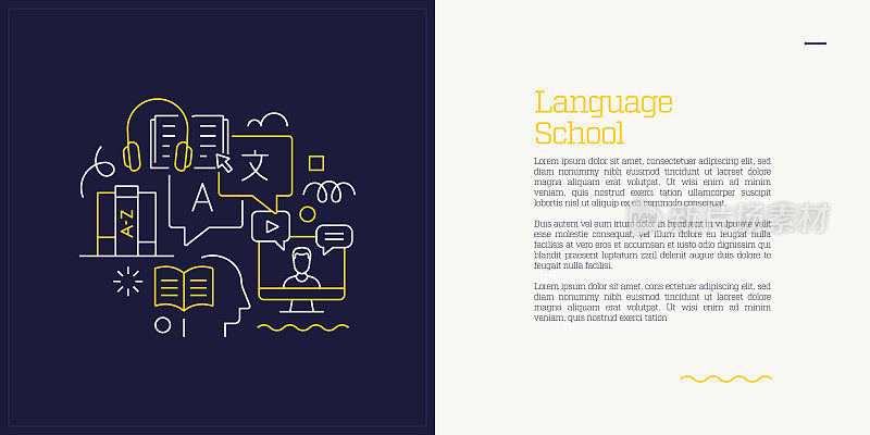向量集插画语言学派的概念。线条艺术风格的网页，横幅，海报，印刷等背景设计。矢量插图。