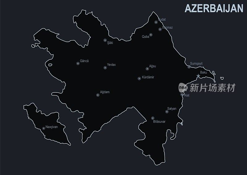 阿塞拜疆的平面地图与城市和地区在黑色的背景