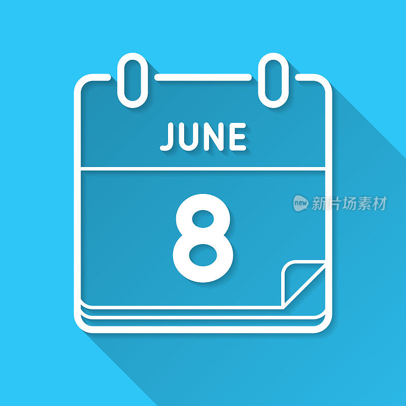 6月8日。图标在蓝色背景-平面设计与长阴影