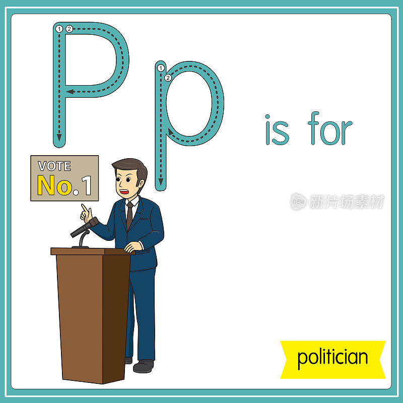 矢量插图学习字母为儿童与卡通形象。字母P代表政治家。