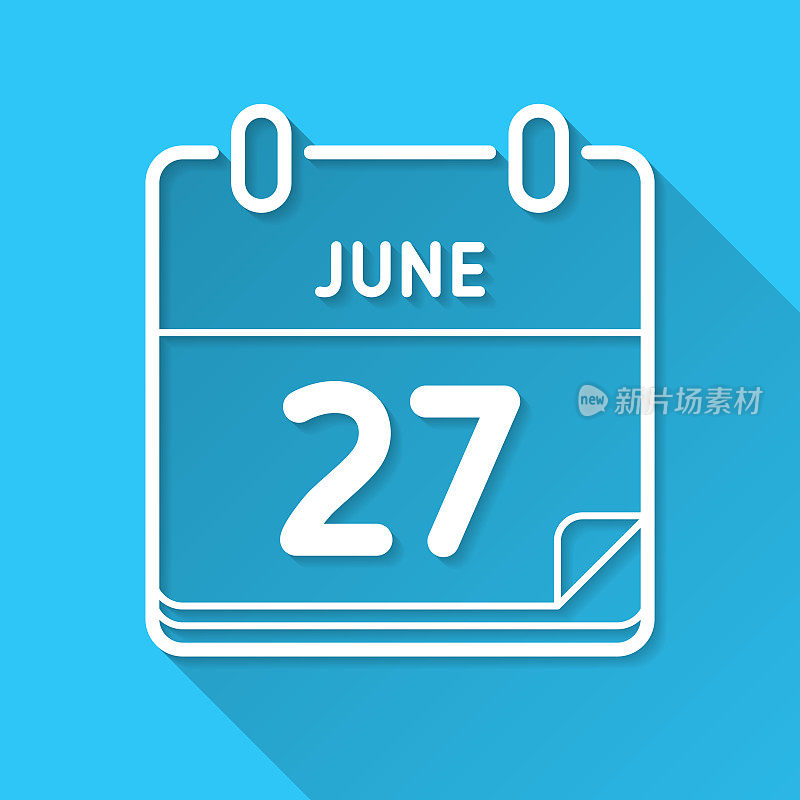 6月27日。蓝色背景上的图标-长阴影平面设计