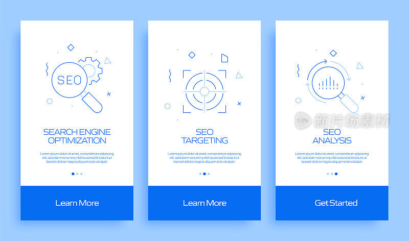搜索引擎优化概念Onboarding移动应用程序页面屏幕与平面图标。用户体验，UI设计模板矢量插图