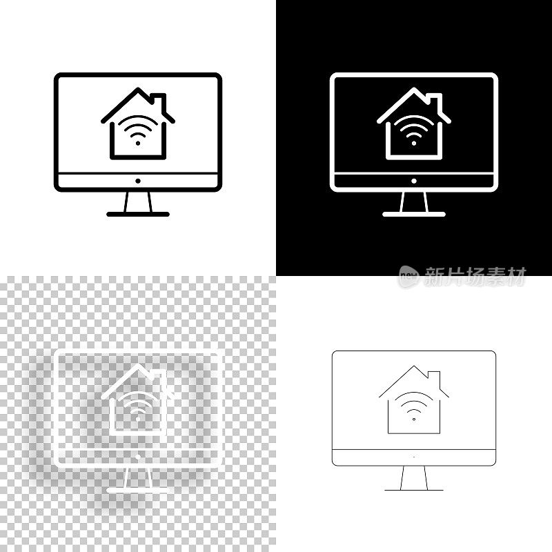 带智能家居的台式电脑。图标设计。空白,白色和黑色背景-线图标