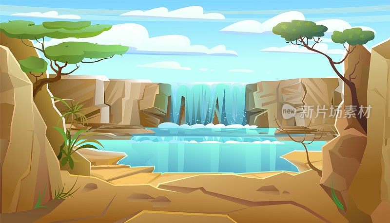 非洲湖泊景观，岩石之间有瀑布。级联向下闪闪发光。水的流动。金合欢树枝。很酷的卡通风格。向量