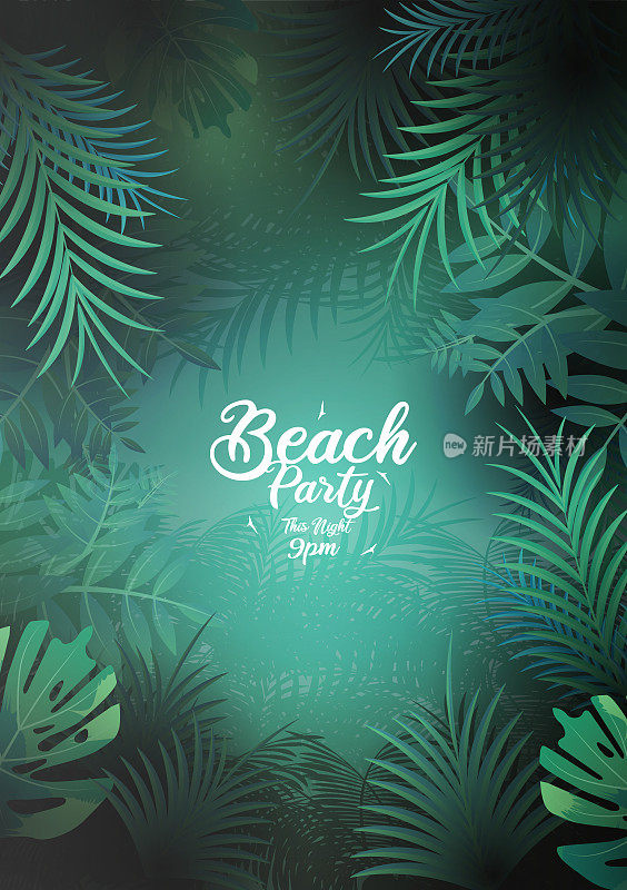 夏日海滩派对海报与热带海滩在晚上