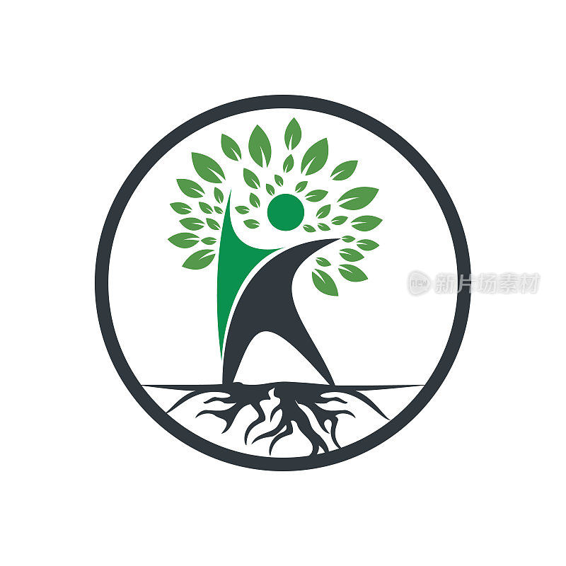 人树根矢量logo设计。树和人矢量标志设计模板。