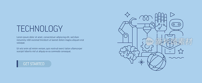 技术相关的网页横幅线风格。现代设计矢量插图的网页旗帜，网站标题等股票插图