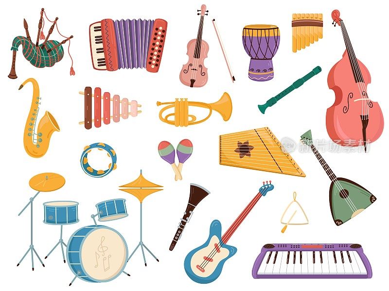 乐器。电子和传统乐器，卡通风格的独立管弦乐工具。铜管，弦乐和打击乐器。现代和民族音乐，明亮的彩色矢量集