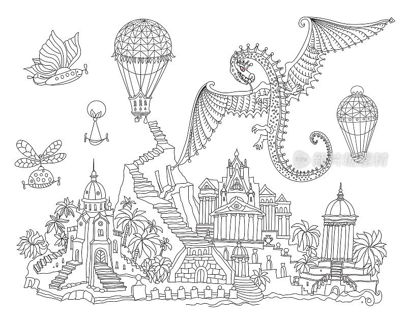 山上的童话城堡，棕榈树，河岸。飞龙、气球和飞艇。成人和儿童涂色书页