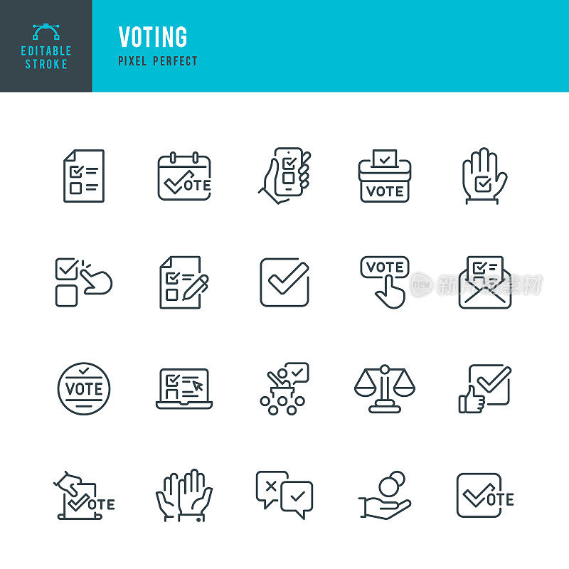 投票-细线矢量图标集。像素完美。可编辑的中风。该集合包含图标:投票，投票选票，投票箱，选举，举手，电子投票，筹款，问卷，辩论，规模。
