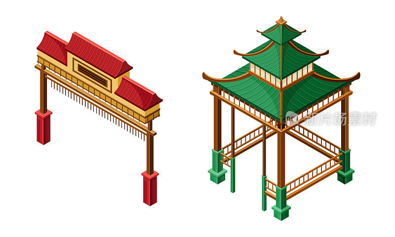 东方风格的绿色木制露台和大门，作为亚洲建筑的等距矢量集