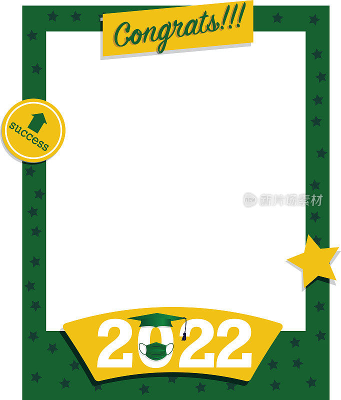 2022年毕业相框矢量，绿色和黄色，带面具和帽子。祝贺高中或大学毕业时的照片和自拍概念