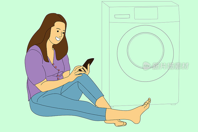 一个美丽的女人，喜欢一边洗衣服、玩手机，一边做轻松的家务