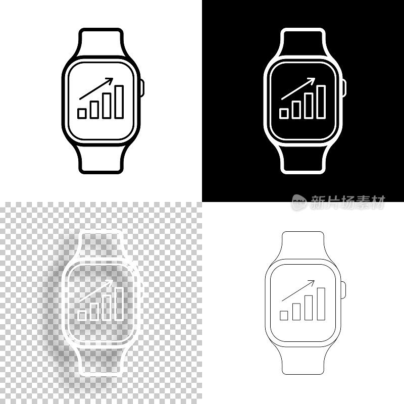 智能手表增长图表。图标设计。空白，白色和黑色背景-线图标