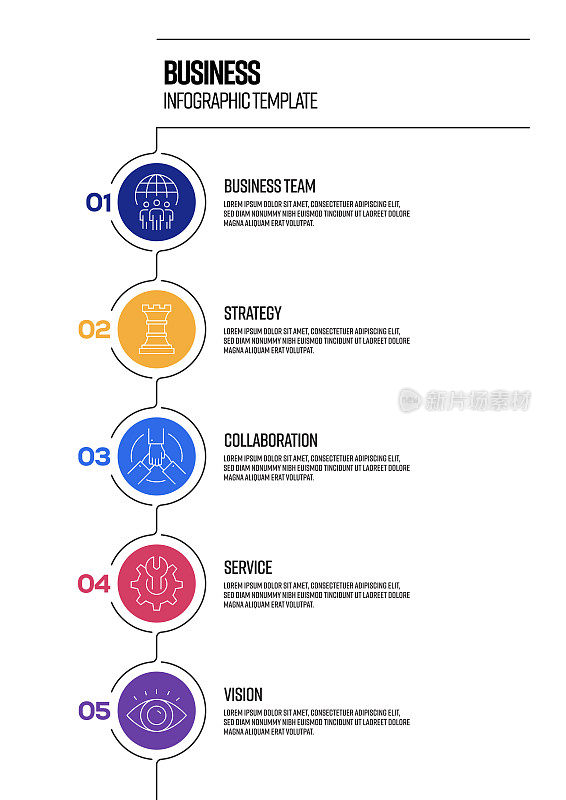 业务概念矢量线信息图设计与图标。5选项或步骤的表示，横幅，工作流程布局，流程图等。