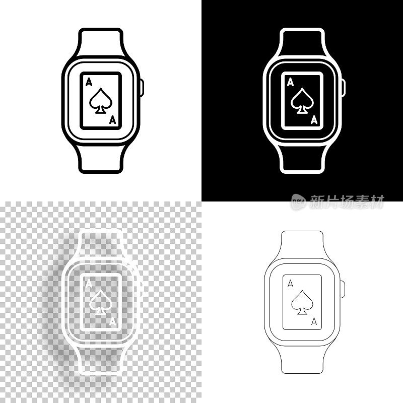 带扑克牌的智能手表。图标设计。空白，白色和黑色背景-线图标