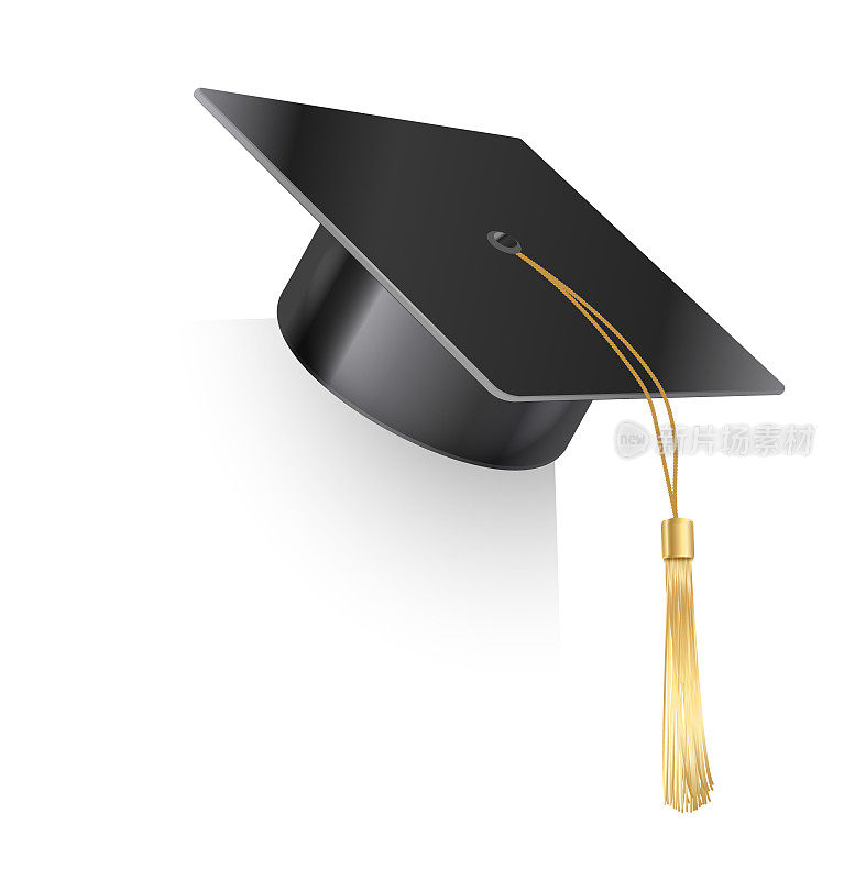 矢量现实迫击炮板帽子与黄金流苏。毕业帽。大学毕业黑帽。学历象征，高等大学学士硬件
