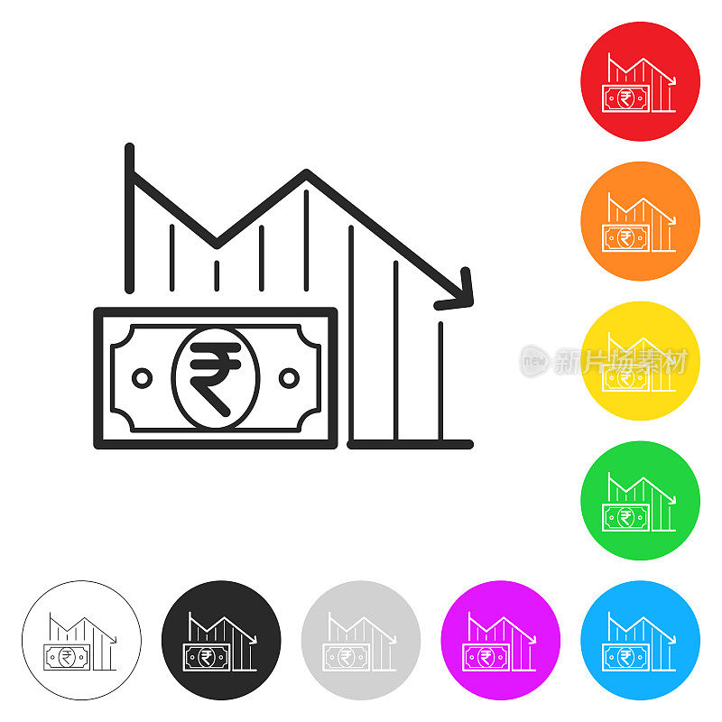 印度卢比纸币下降图表。彩色按钮上的图标
