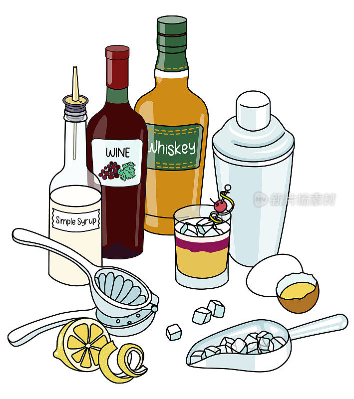 时尚的手绘涂鸦卡通风格的纽约酸鸡尾酒组成。一瓶威士忌、红酒、鸡蛋和糖浆。对于酒吧菜单，烹饪书食谱，贴纸或卡片。