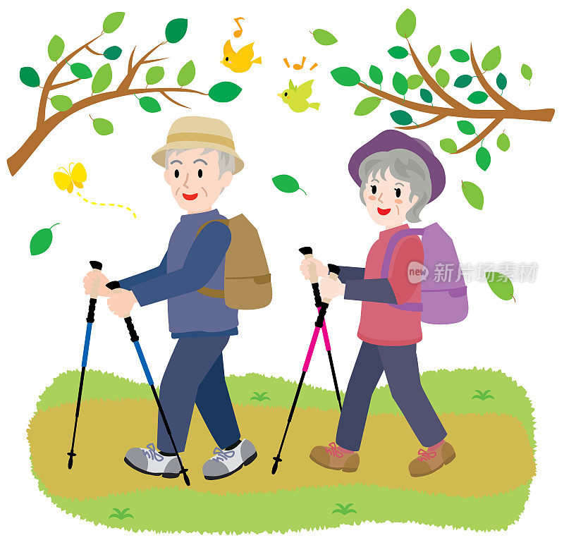 老年夫妇在大自然中徒步旅行的插图。
