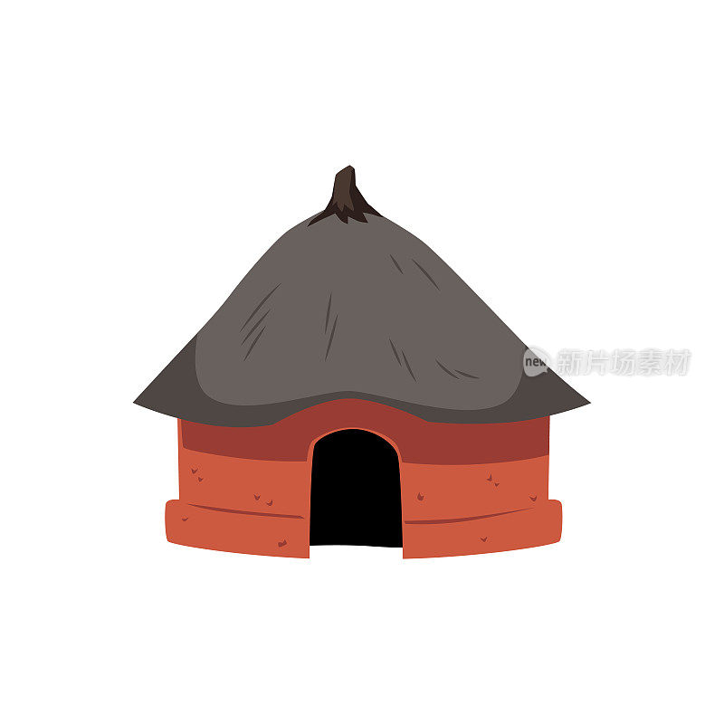 红非洲小屋与黑暗茅草屋顶平风格，矢量插图