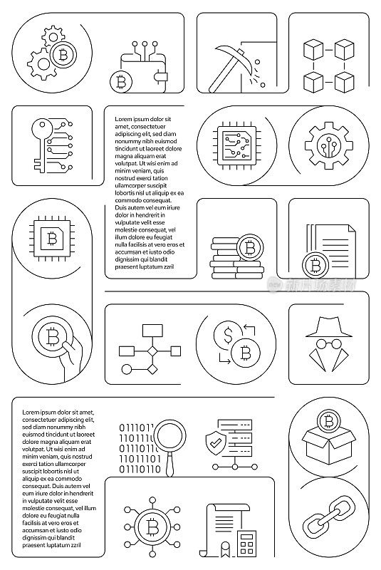 区块链相关矢量横幅设计概念，现代线条风格与图标